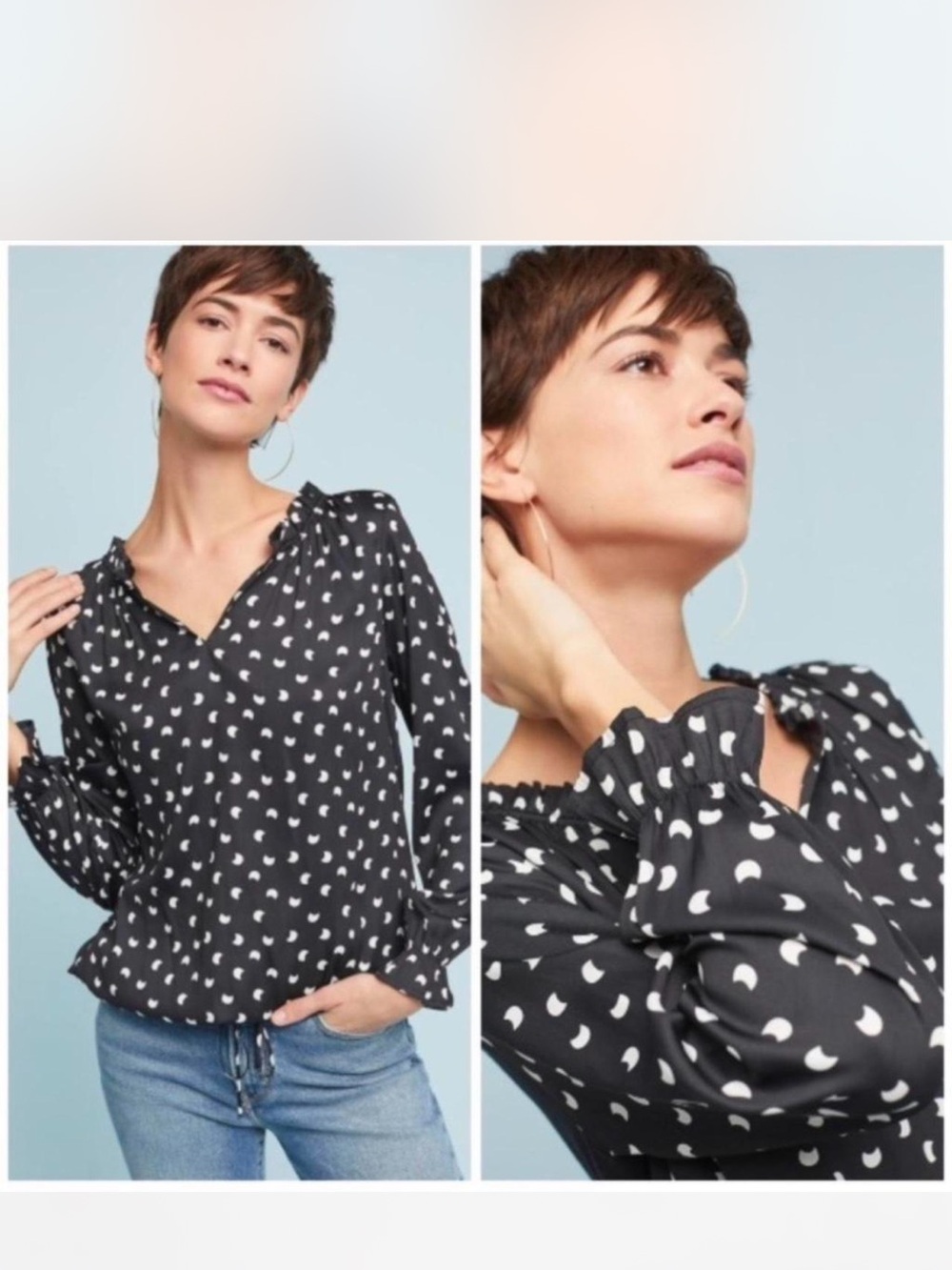 Black Heart-Print Long Sleeve Blouse